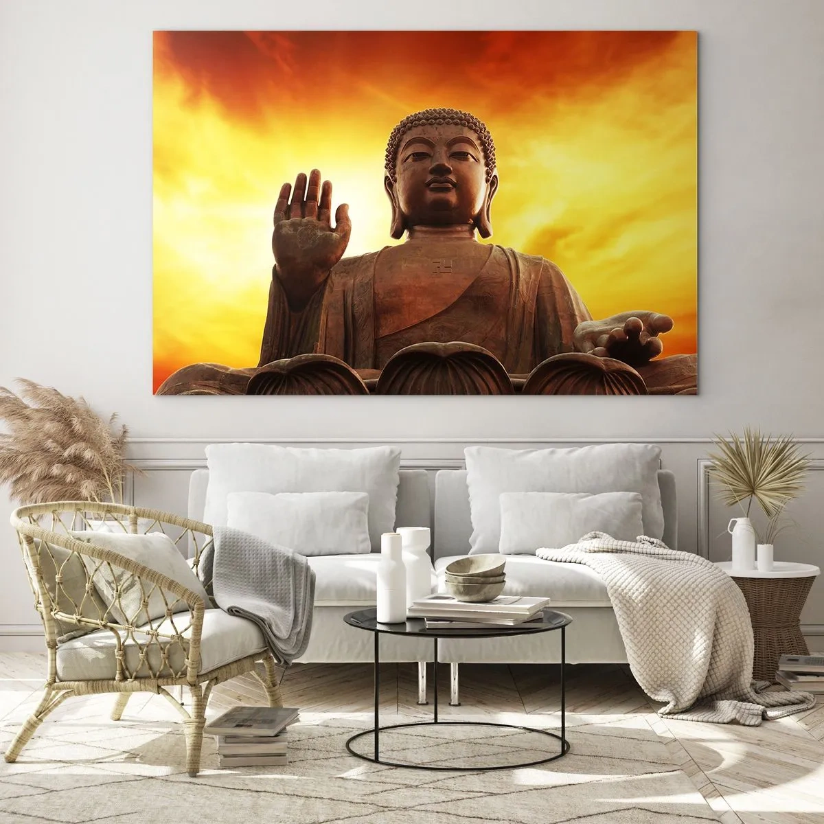 Impression sur verre - Image sur verre - Une statue de Bouddha sur fond de coucher de soleil doré - 70x50cm - La paix du monde - Décoration murale moderne pour le salon et la chambre ARTTOR