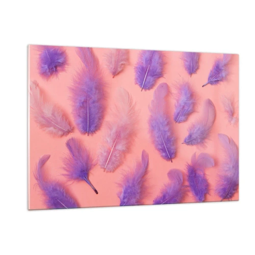 Impression sur verre - Image sur verre - Plumes violettes sur fond rose dans une composition délicate - 120x80cm - Oiseau de désir lilas - Décoration murale moderne pour le salon et la chambre ARTTOR