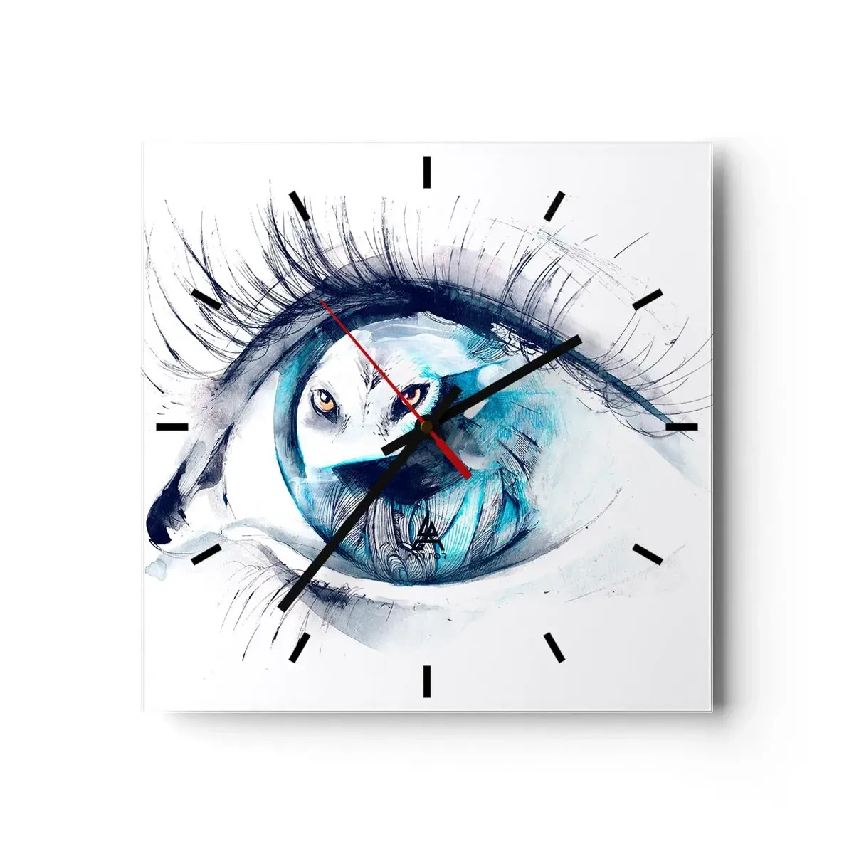 Horloge murale - Pendule murale - Un œil avec une image d'un hibou dans des tons bleus à l'aquarelle - 30x30cm - Face à face avec la nature sauvage - Décoration murale moderne pour le salon et la chambre ARTTOR