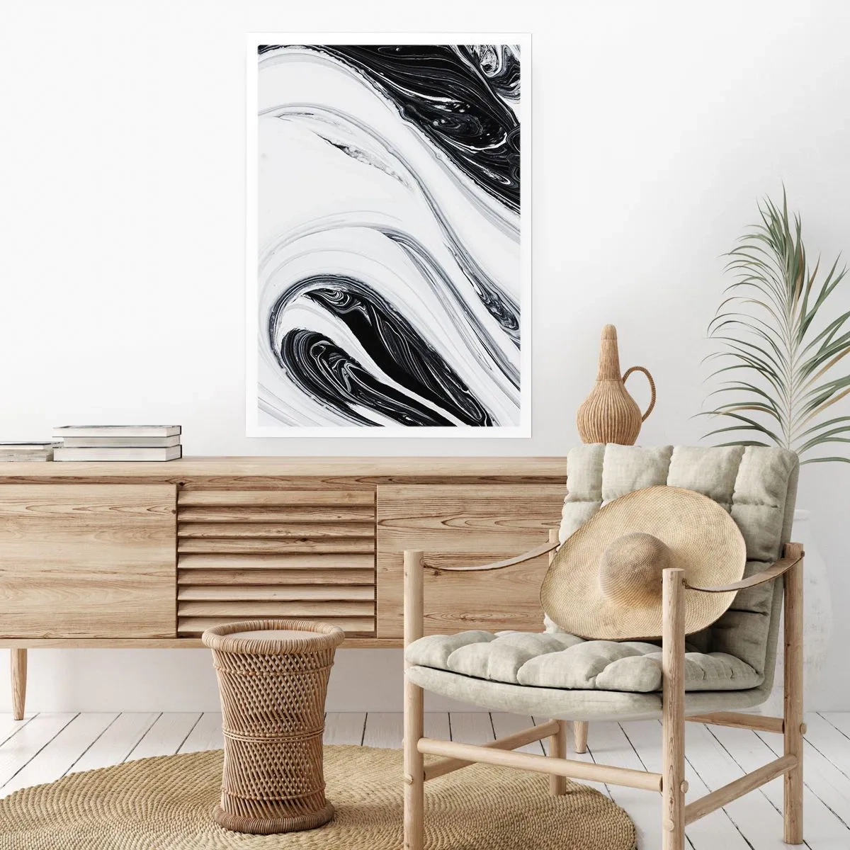 Affiche - Poster - Motif abstrait en noir et blanc avec des lignes fluides - 50x70cm - Une combinaison d'opposés - Décoration murale moderne pour le salon et la chambre ARTTOR