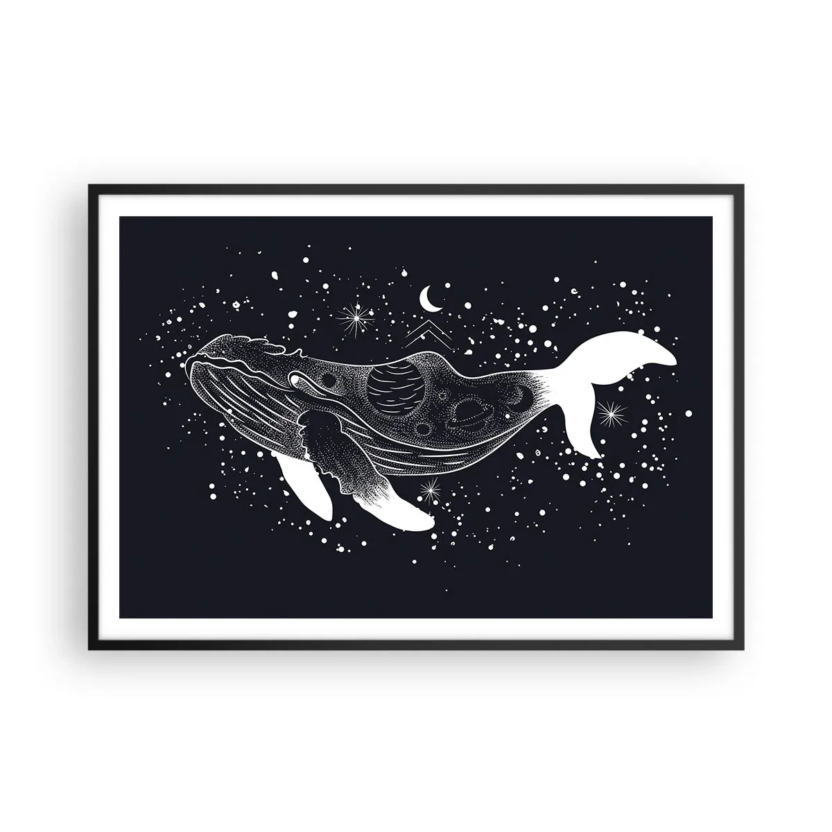 Affiche dans un cadre noir - Poster - Une illustration graphique d'une baleine dans un style de l'ère spatiale. - 100x70cm - Dans l'océan de l'univers - Décoration murale moderne pour le salon et la chambre ARTTOR