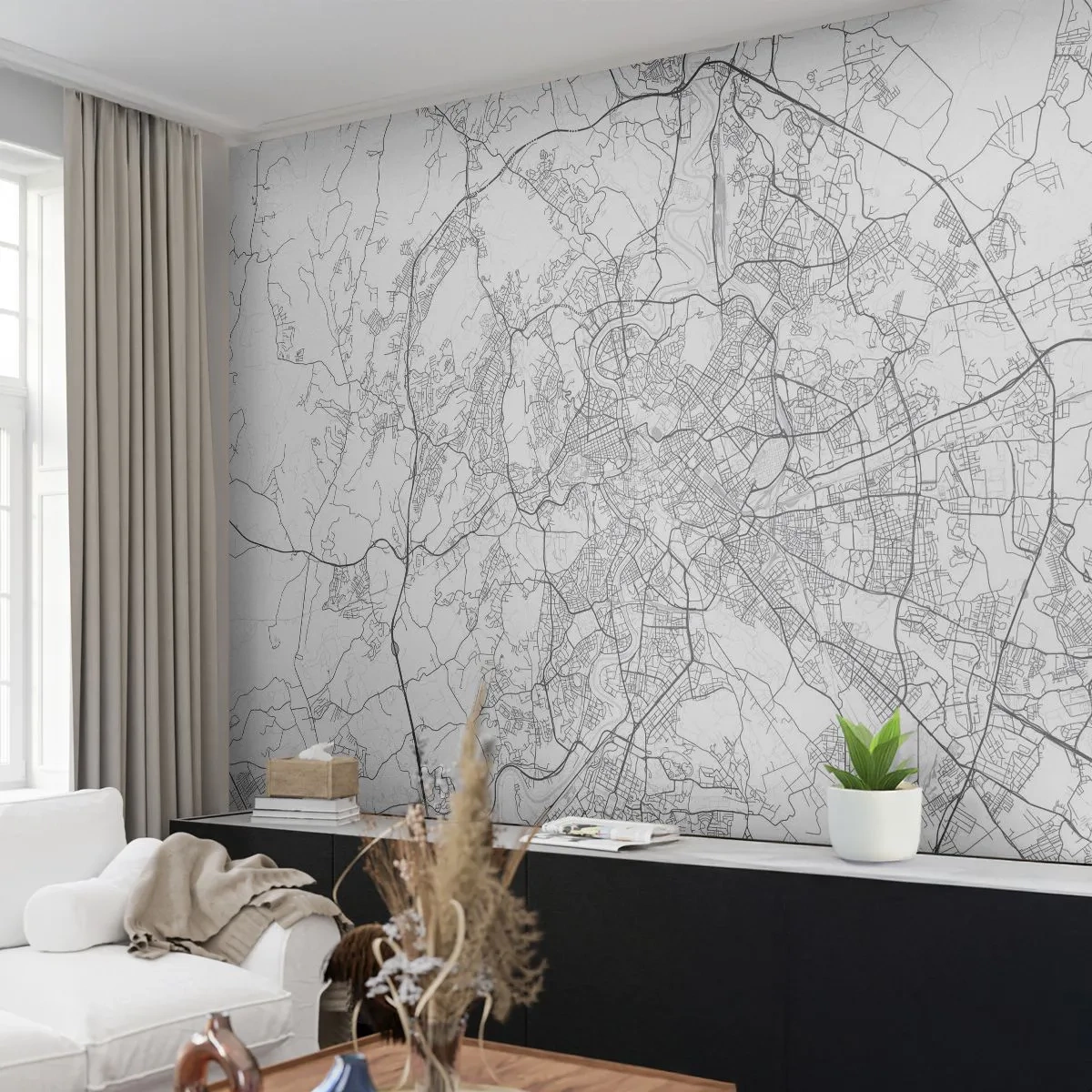 Papier Peint Photo Premium Sand - Plan de la ville en noir et blanc avec des rues marquées avec précision - 100x70cm - Cercle romain - Décoration murale moderne pour le salon et la chambre ARTTOR