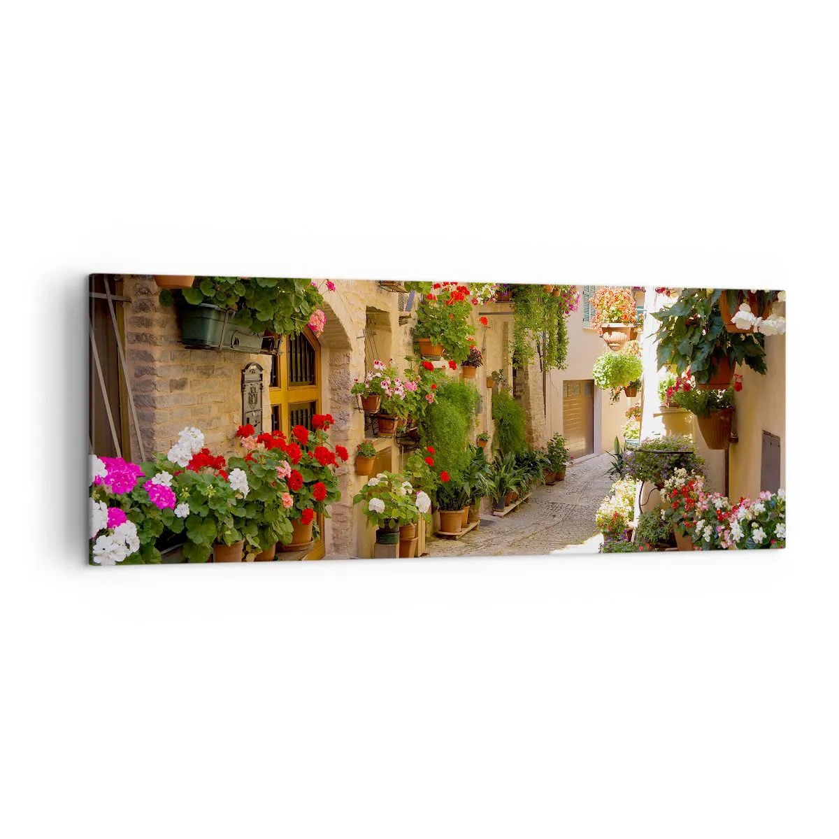 Impression sur toile - Image sur toile - Une rue avec des pots de fleurs et des murs de pierre - 140x50cm - Une inondation de fleurs - Décoration murale moderne pour le salon et la chambre ARTTOR