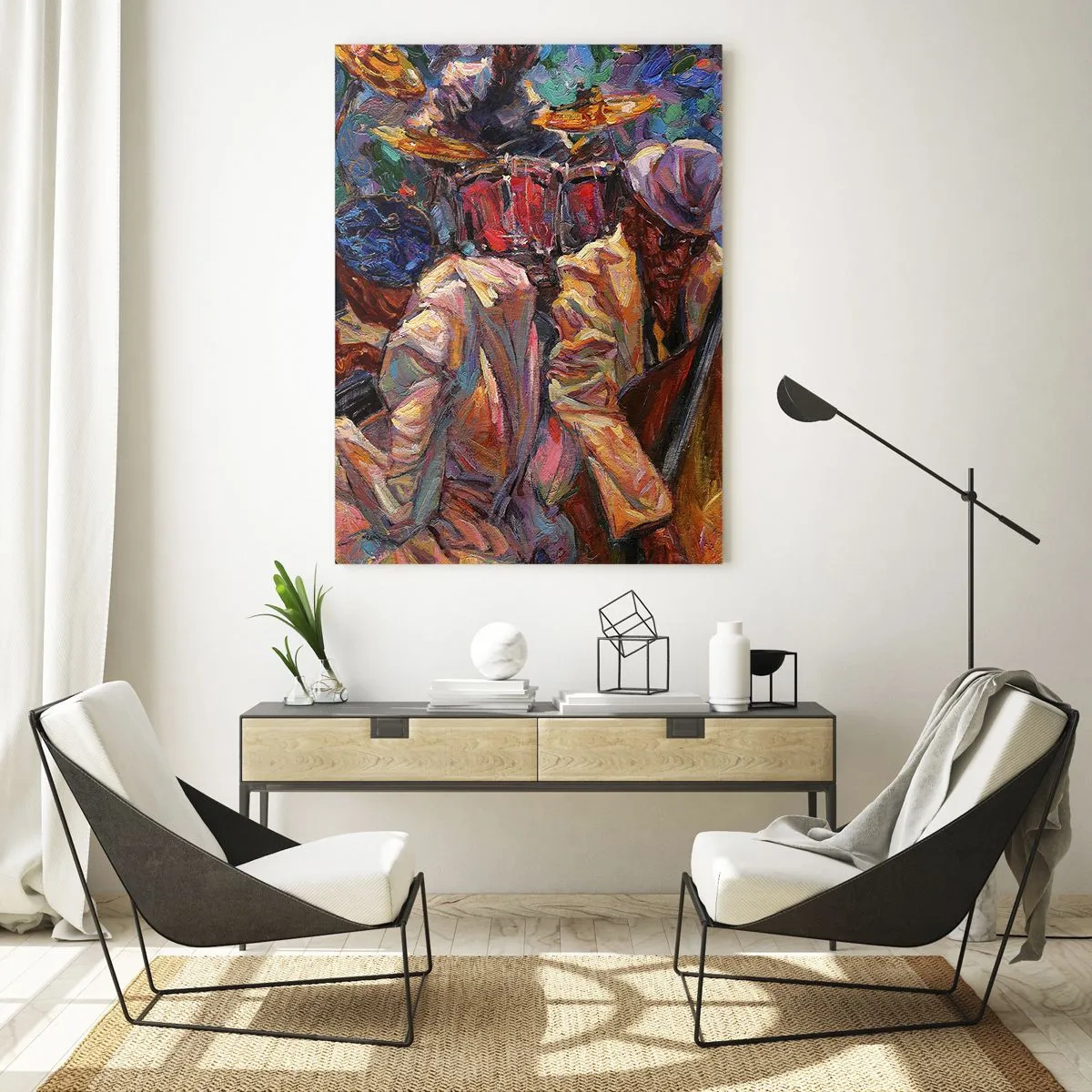 Impression sur verre - Image sur verre - Une scène de jazz colorée avec des musiciens et des instruments - 50x70cm - Dans le même tempo - Décoration murale moderne pour le salon et la chambre ARTTOR