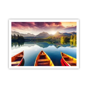 Affiche - Poster - Trois bateaux en bois sur fond de lac de montagne au coucher du soleil - 100x70cm - Rien contre nature - Décoration murale moderne pour le salon et la chambre ARTTOR