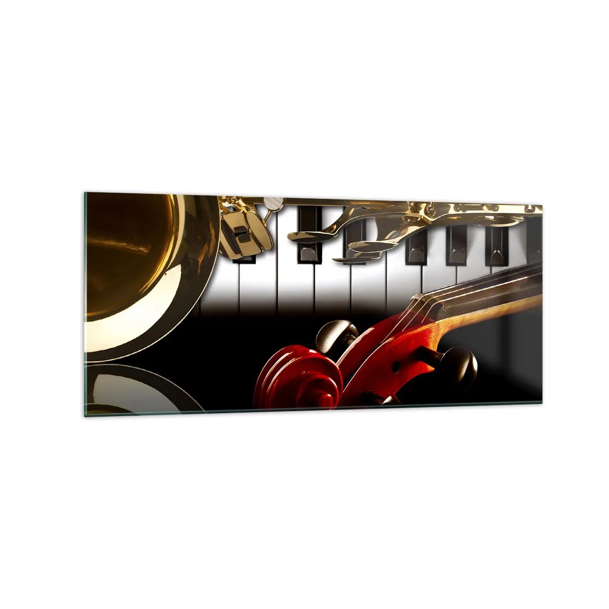 Impression sur verre - Image sur verre - Un saxophone doré, des touches de piano et un violon rouge - 120x50cm - Tôle, bois et ivoire - Décoration murale moderne pour le salon et la chambre ARTTOR