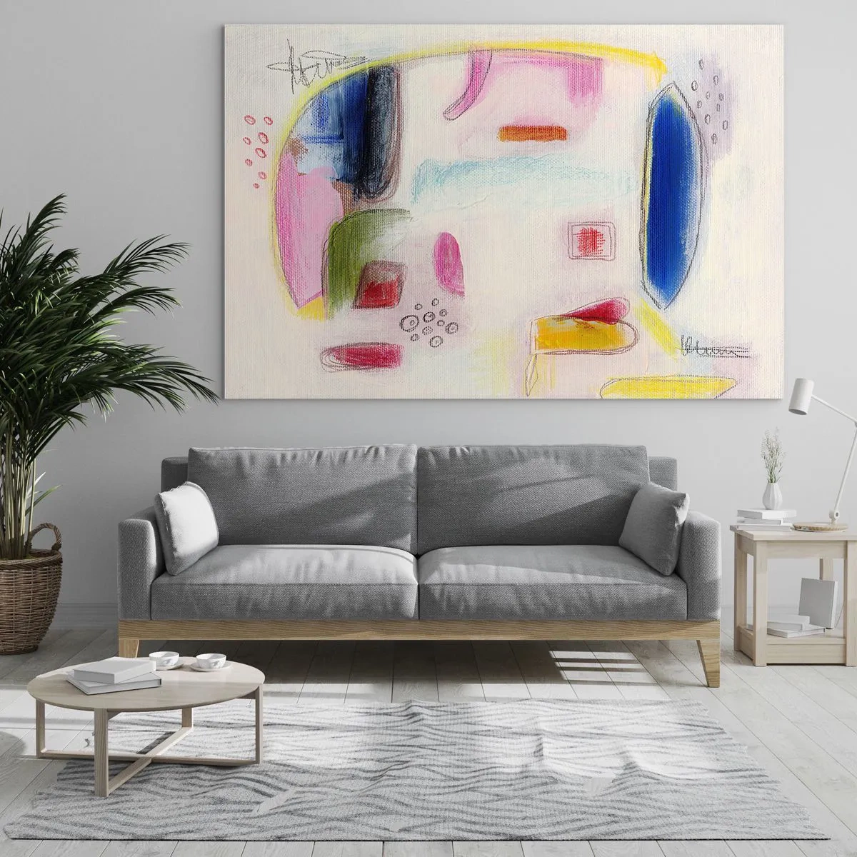 Impression sur verre - Image sur verre - Abstraction colorée avec des formes géométriques et des pastels - 70x50cm - Plus convexe que concave ou plat - Décoration murale moderne pour le salon et la chambre ARTTOR
