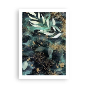 Affiche - Poster - Feuilles vertes et accents dorés sur un fond sombre - 50x70cm - Jardin magique - Décoration murale moderne pour le salon et la chambre ARTTOR
