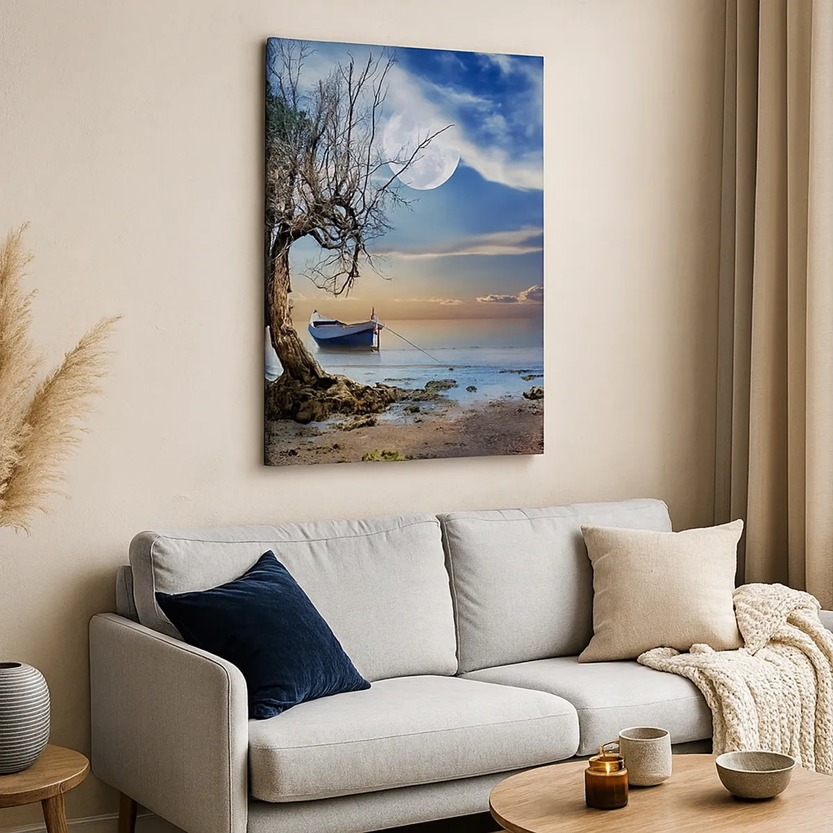 Impression sur toile - Image sur toile - Un arbre solitaire et un bateau sur une eau calme sous la pleine lune. - 50x70cm - Est-ce la fin ou le début ? - Décoration murale moderne pour le salon et la chambre ARTTOR