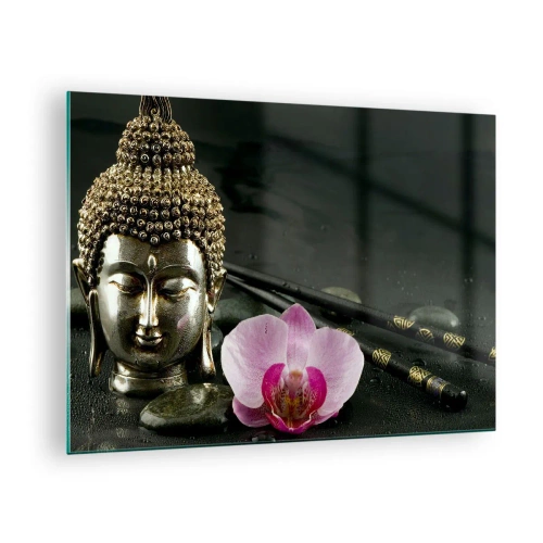 Impression sur verre - Image sur verre - Tête bouddhiste avec une fleur rose sur un fond de pierres - 70x50cm - Harmonie de la sagesse et de la beauté - Décoration murale moderne pour le salon et la chambre ARTTOR