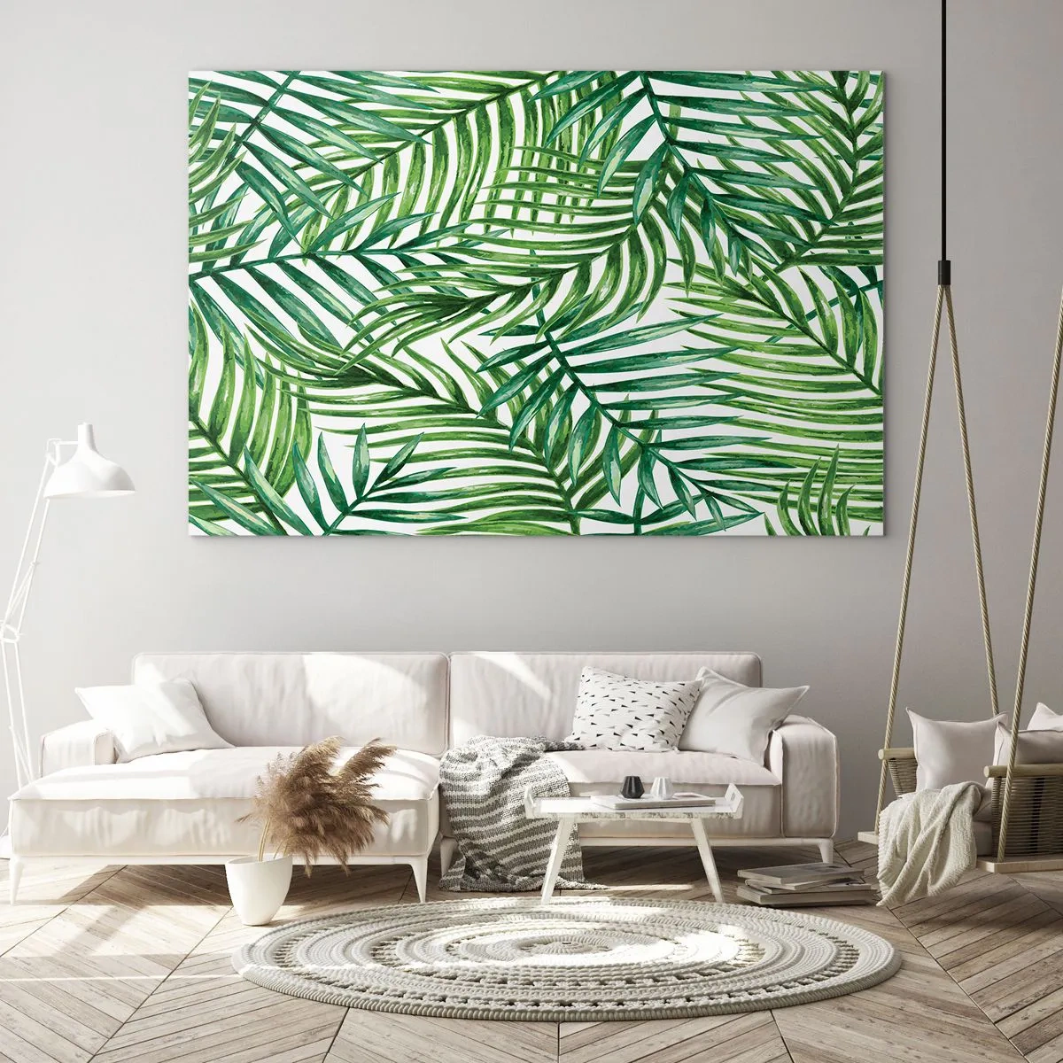 Impression sur verre - Image sur verre - Feuilles de palmier vertes sur fond blanc créant un motif géométrique - 120x80cm - Sous la canopée verte - Décoration murale moderne pour le salon et la chambre ARTTOR