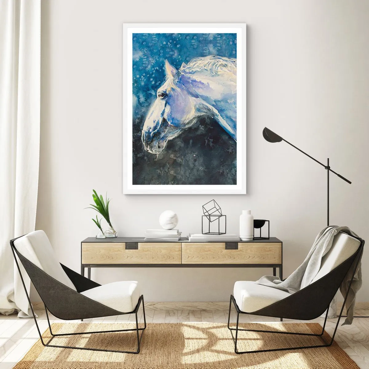 Affiche dans un cadre blanc - Poster - Portrait dans une lueur azur - 30x40 cm