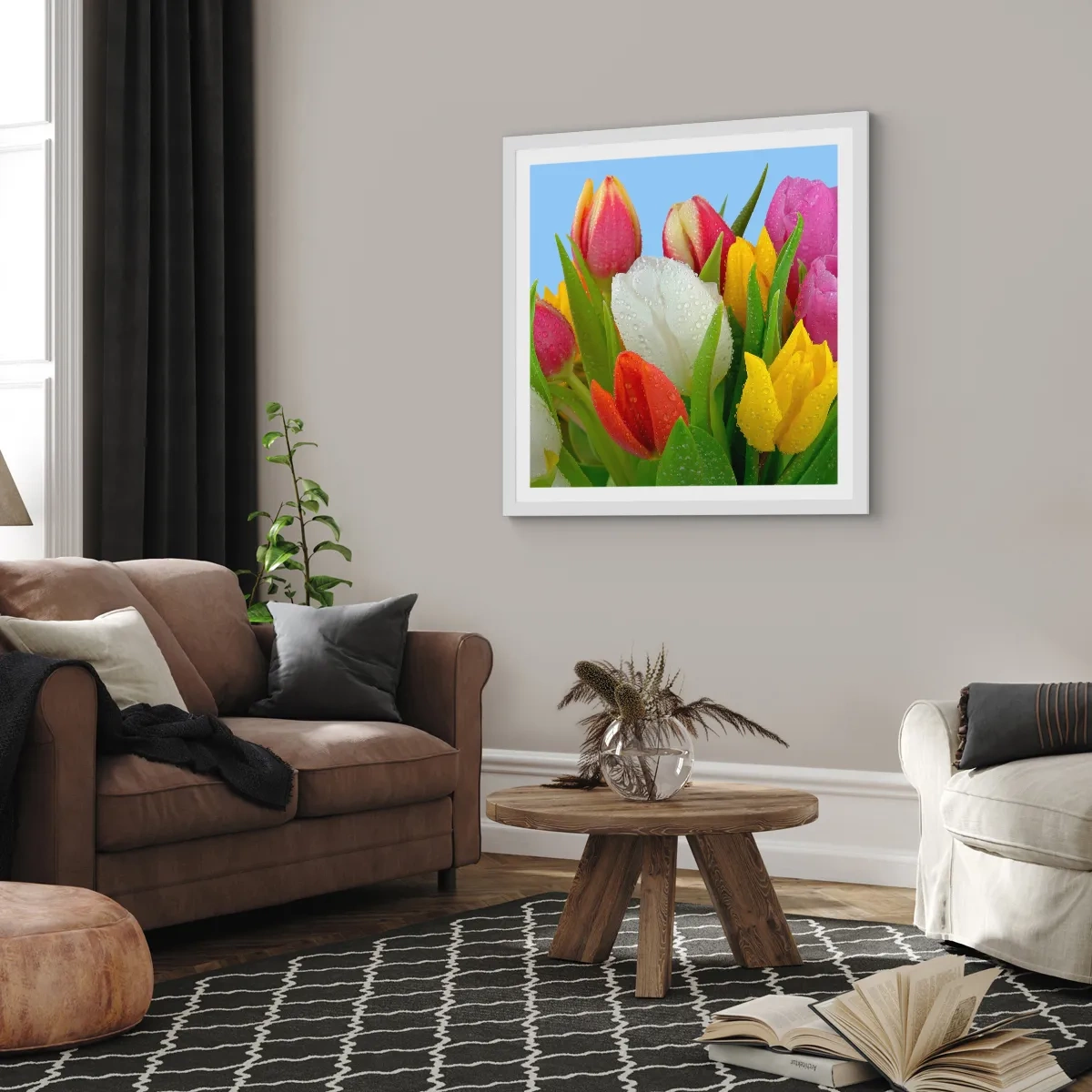 Affiche dans un cadre blanc - Poster - Un arc-en-ciel fleuri en gouttes de rosée - 60x60 cm