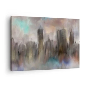 Impression sur toile - Image sur toile - Une vision artistique d'un paysage urbain avec des gratte-ciels aux couleurs pastel. - 70x50cm - Une composition d'acier, de pierre et de brouillard - Décoration murale moderne pour le salon et la chambre ARTTOR