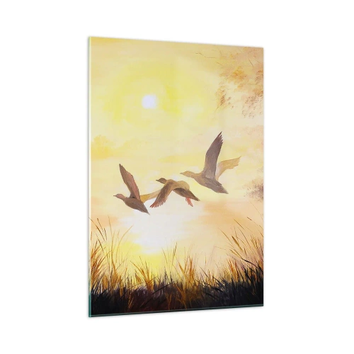 Impression sur verre - Image sur verre - Trois canards volant au-dessus d'un lac au lever du soleil - 50x70cm - Le début d'un long voyage - Décoration murale moderne pour le salon et la chambre ARTTOR
