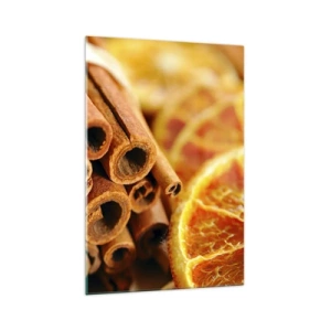 Impression sur verre - Image sur verre - Bâtons de cannelle avec des tranches d'orange séchées aux couleurs chaudes - 70x100cm - Sentez-vous leurs odeurs? - Décoration murale moderne pour le salon et la chambre ARTTOR