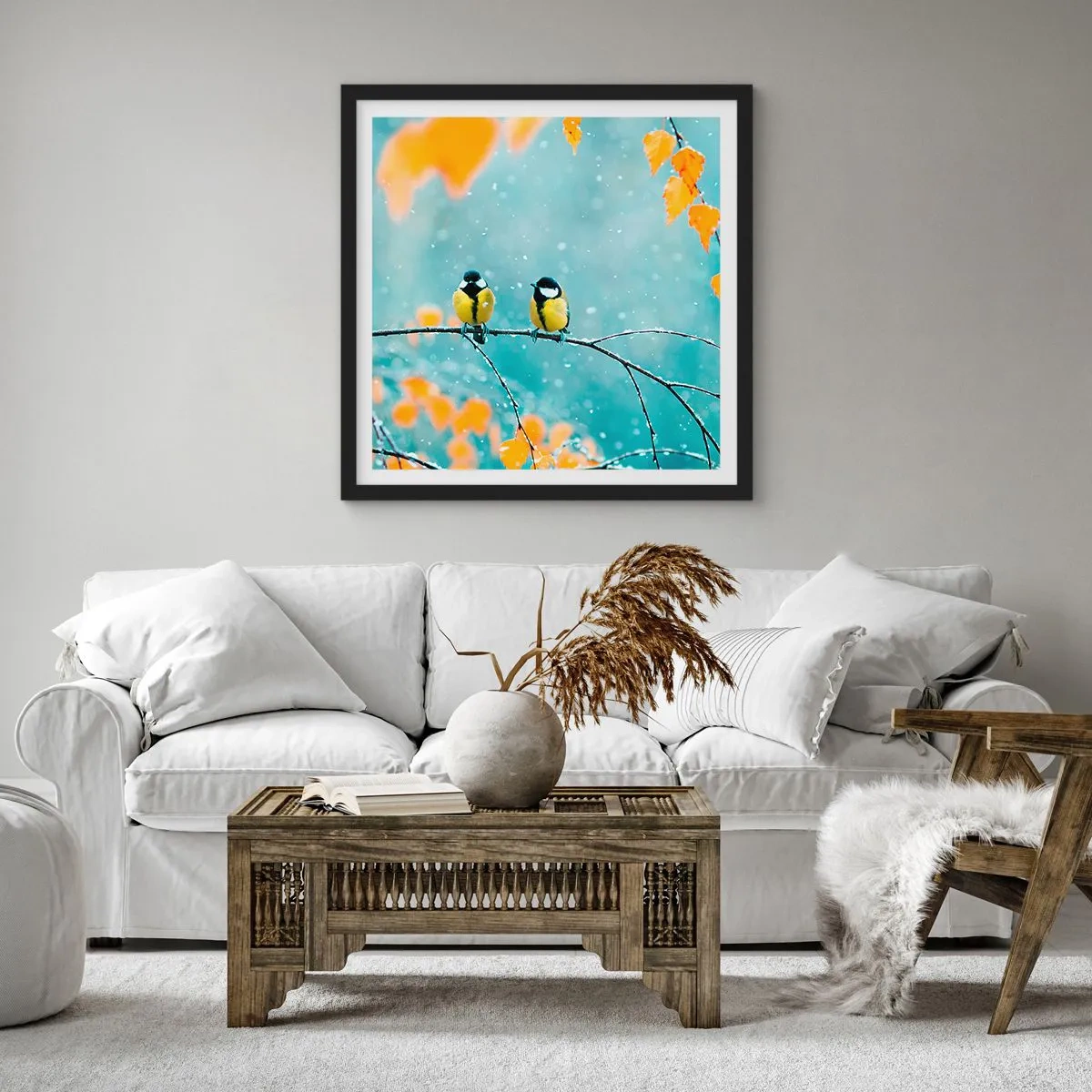 Affiche dans un cadre noir - Poster - Potins d'oiseaux - 60x60 cm