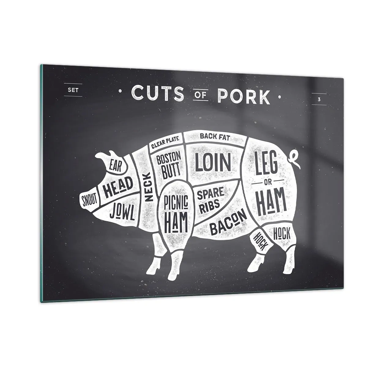 Impression sur verre - Image sur verre - Diagramme des coupes de porc sur un tableau noir - 120x80cm - L'art de la découpe - Décoration murale moderne pour le salon et la chambre ARTTOR