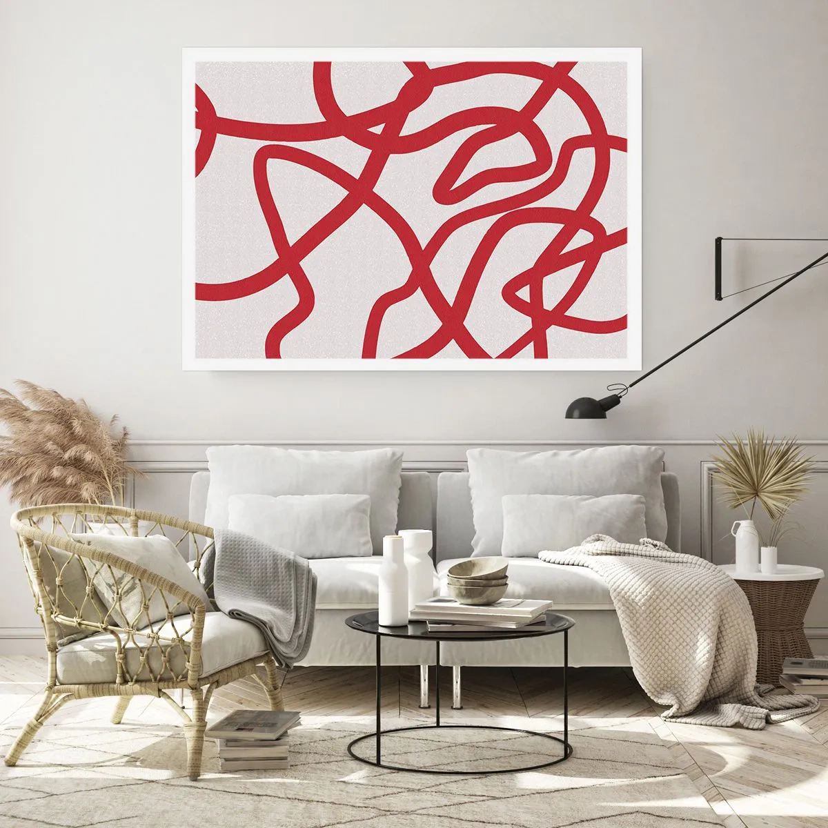 Affiche - Poster - Lignes abstraites rouges sur fond blanc - 100x70cm - Rouge sur blanc - Décoration murale moderne pour le salon et la chambre ARTTOR