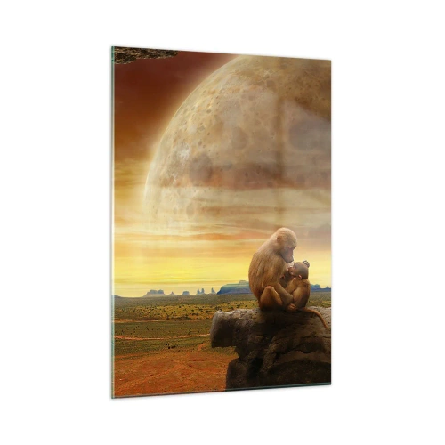 Impression sur verre - Image sur verre - Des singes assis sur un rocher avec une énorme lune en arrière-plan - 50x70cm - L'amour est le même partout - Décoration murale moderne pour le salon et la chambre ARTTOR