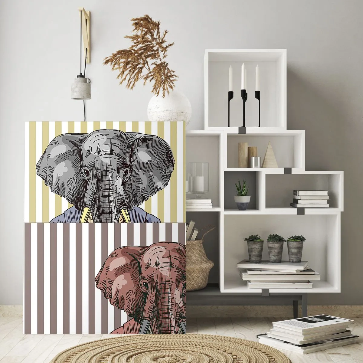 Impression sur verre - Image sur verre - Un éléphant en costume sur fond de rayures jaunes - 50x70cm - Élégant par nature - Décoration murale moderne pour le salon et la chambre ARTTOR