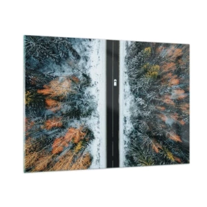 Impression sur verre - Image sur verre - Une route d'hiver à travers une forêt enneigée avec des arbres colorés - 100x70cm - Couper à travers la forêt d'hiver - Décoration murale moderne pour le salon et la chambre ARTTOR