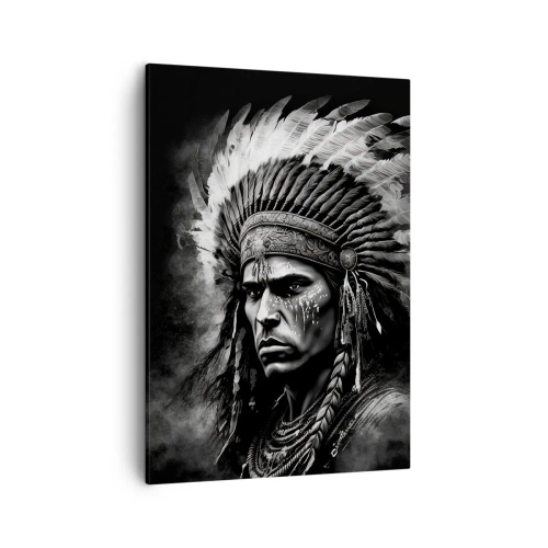 Impression sur toile - Image sur toile - Portrait d'un chef portant une coiffe à plumes sur fond noir - 50x70cm - Un leader et un guerrier - Décoration murale moderne pour le salon et la chambre ARTTOR