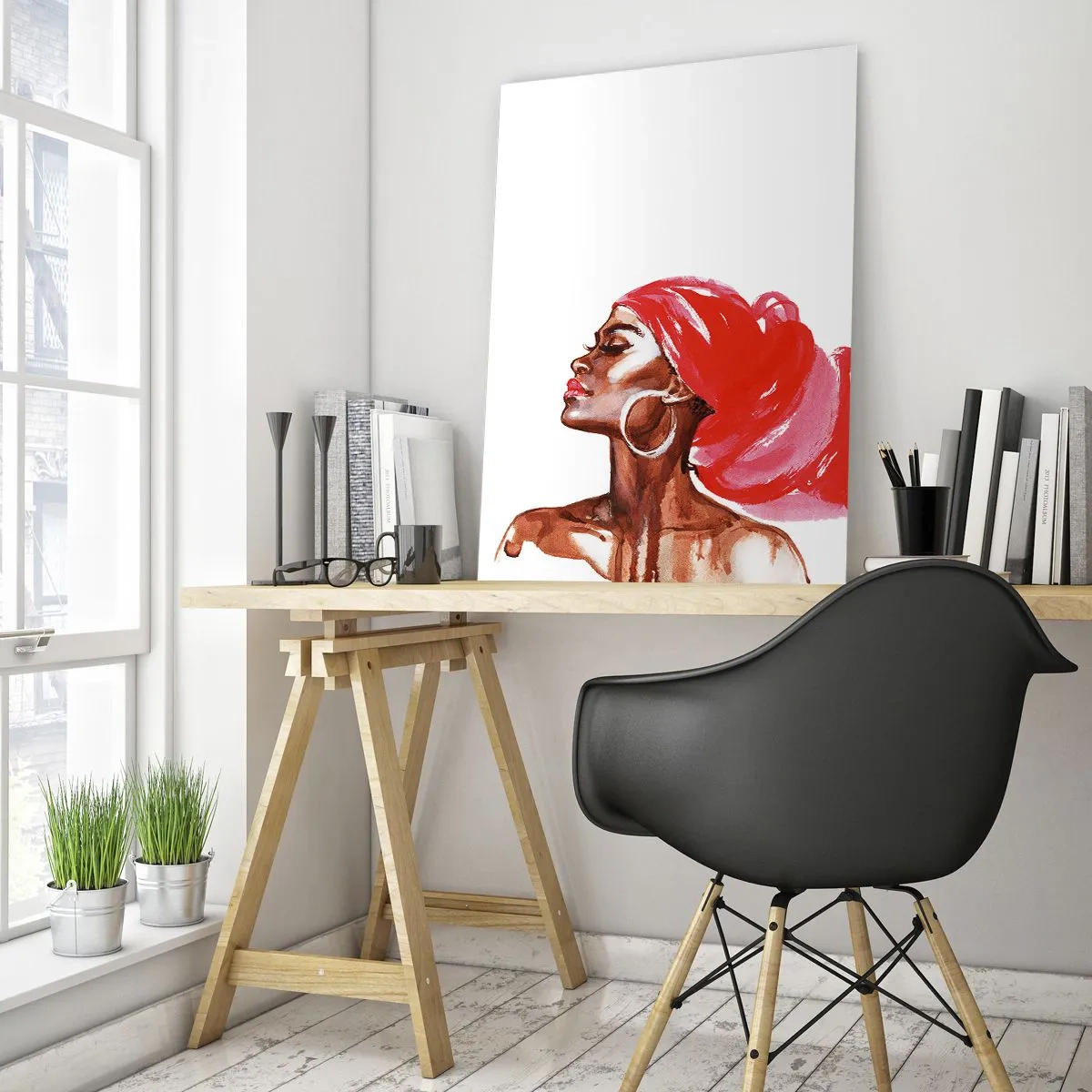 Impression sur verre - Image sur verre - Profil d'une femme avec un turban rouge et des boucles d'oreilles - 70x100cm - "Les cheveux dans le vent" - Décoration murale moderne pour le salon et la chambre ARTTOR