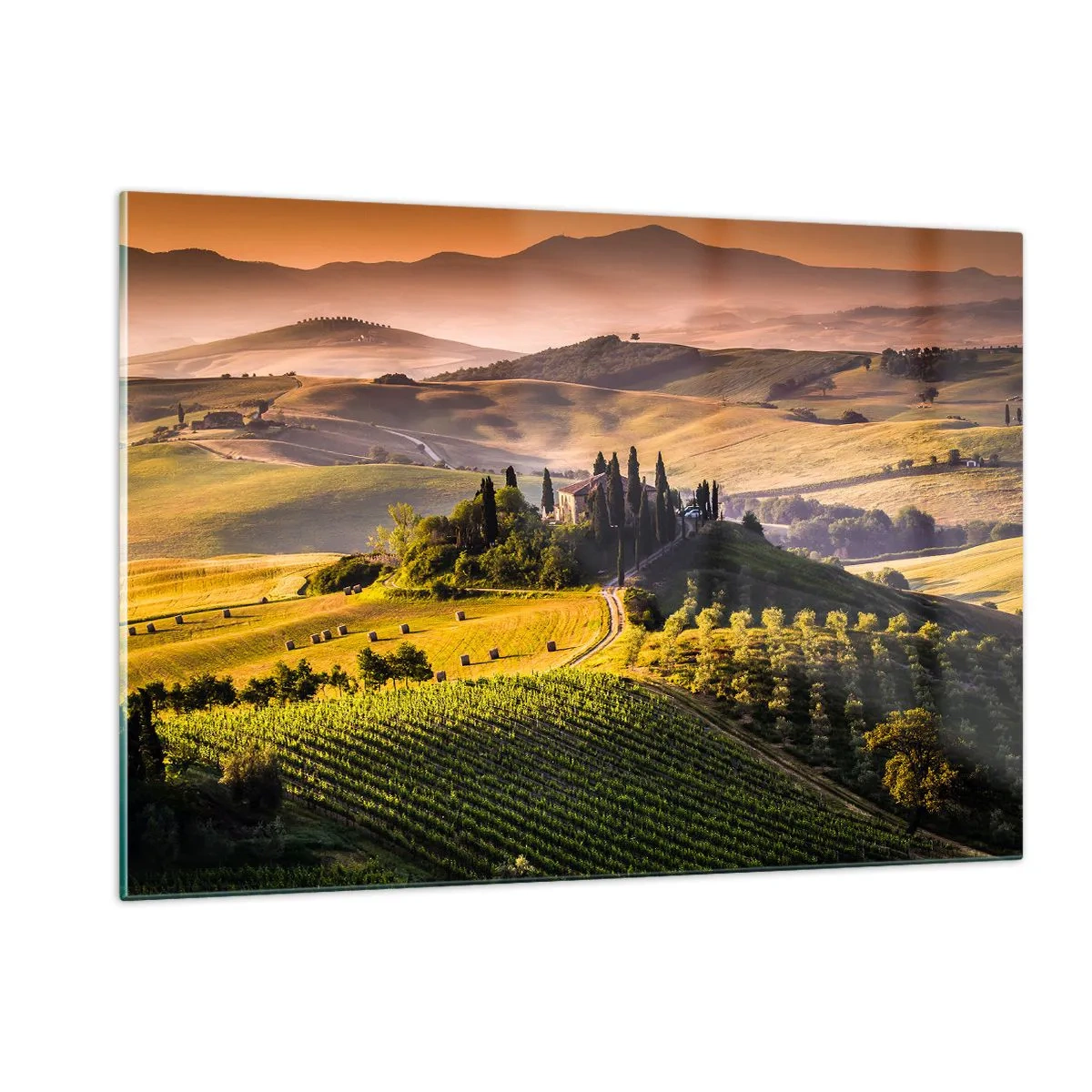 Impression sur verre - Image sur verre - Paysage toscan au lever du soleil - 120x80cm - Arcadie - le paysage toscan - Décoration murale moderne pour le salon et la chambre ARTTOR