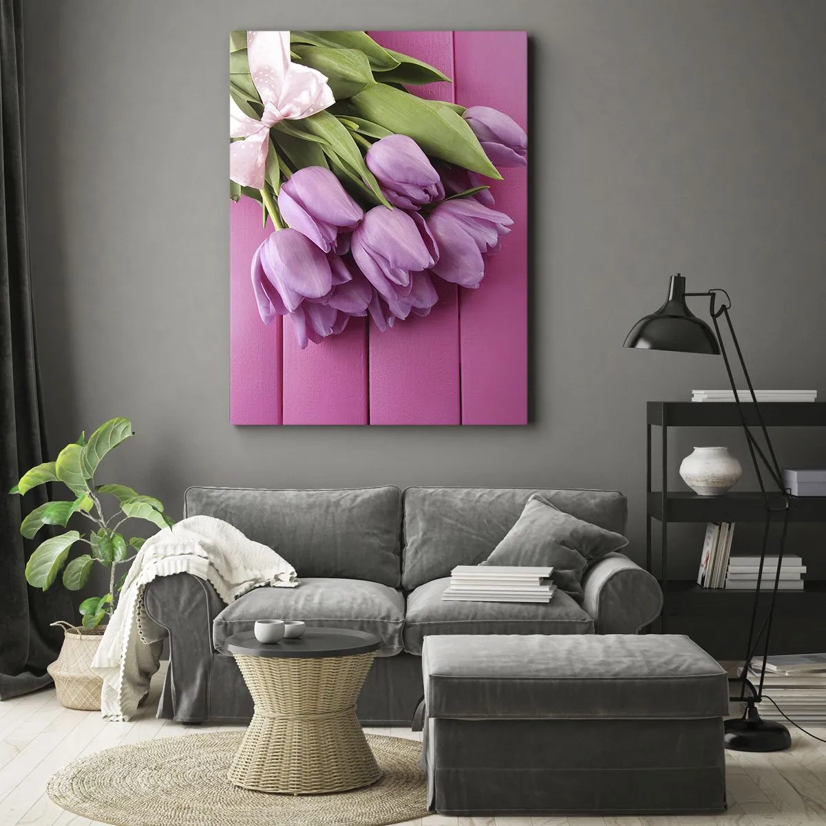 Impression sur toile - Image sur toile - Un bouquet de tulipes roses avec un nœud sur un fond rose - 70x100cm - Juste pour toi - Décoration murale moderne pour le salon et la chambre ARTTOR
