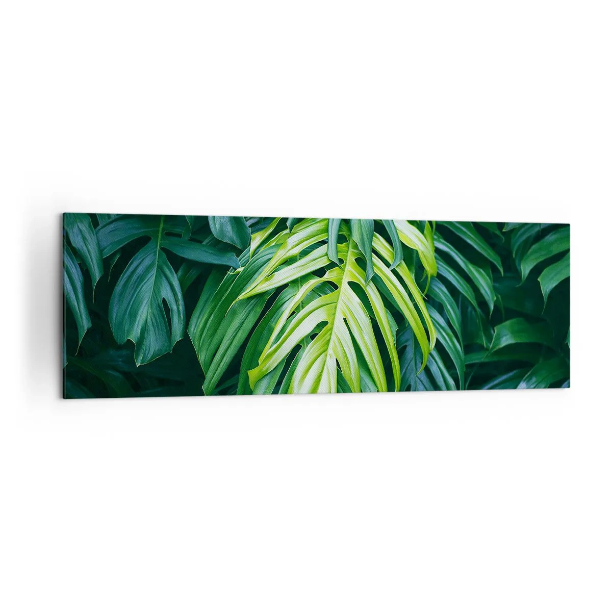 Impression sur toile - Image sur toile - Feuilles vertes dans un arrangement tropical dense - 160x50cm - Immergez-vous dans la fraîcheur - Décoration murale moderne pour le salon et la chambre ARTTOR