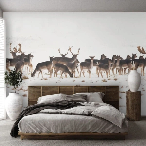 Papier Peint Photo Premium Canvas - Un troupeau de cerfs sur fond de neige - 100x70cm - Les fêtes approchent ? - Décoration murale moderne pour le salon et la chambre ARTTOR