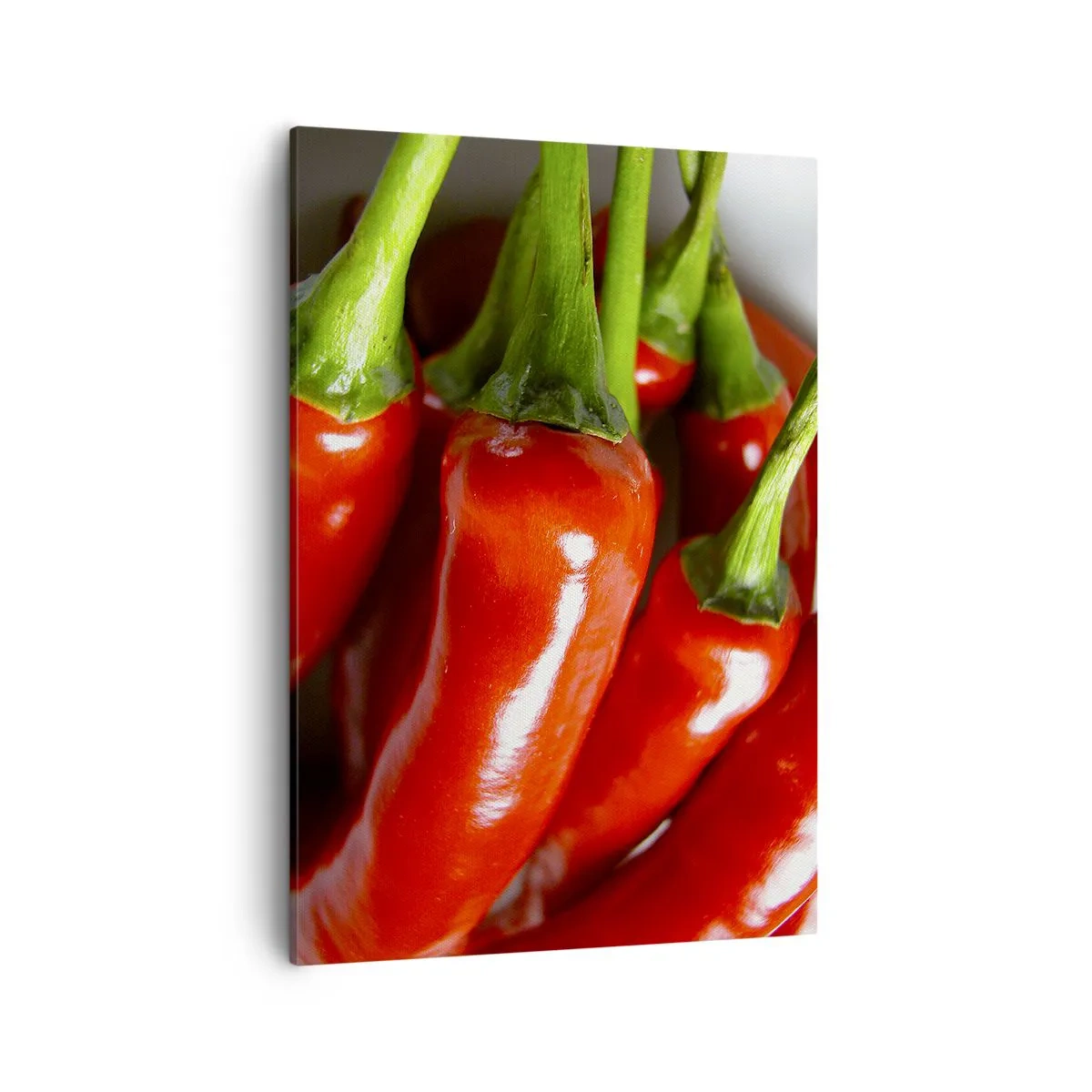 Impression sur toile - Image sur toile - Gros plan de piments rouges avec des tiges vertes - 50x70cm - Juteux, brillant, lisse - Décoration murale moderne pour le salon et la chambre ARTTOR