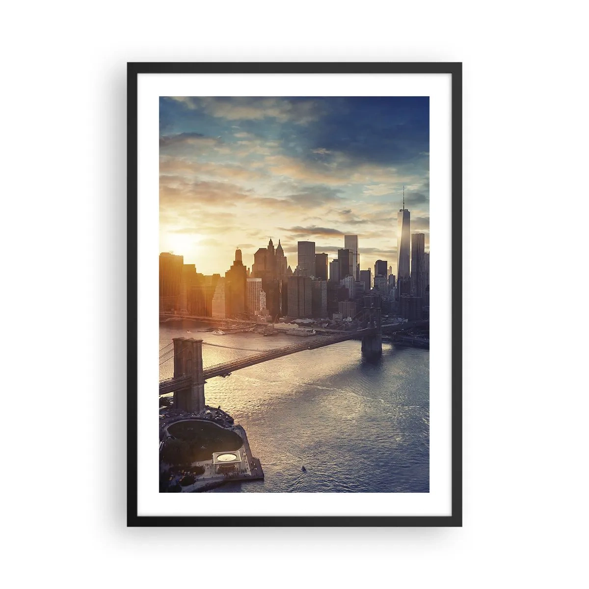 Affiche dans un cadre noir - Poster - Vue de Manhattan au coucher du soleil avec le pont de Brooklyn - 50x70cm - Monument de la culture occidentale - Décoration murale moderne pour le salon et la chambre ARTTOR