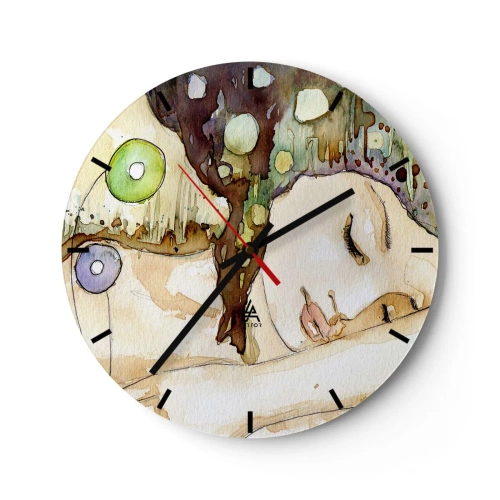 Horloge murale - Pendule murale - Peinture à l'aquarelle abstraite avec un motif de visage féminin - 30x30cm - Un rêve violet émeraude - Décoration murale moderne pour le salon, la cuisine et la chambre ARTTOR