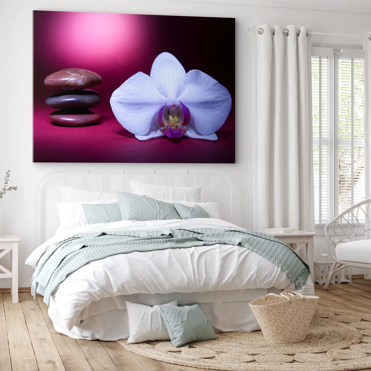 Impression sur toile - Image sur toile - Orchidée blanche et pierres sur fond rose - 120x80cm - Une étude de fraîcheur en violet - Décoration murale moderne pour le salon et la chambre ARTTOR