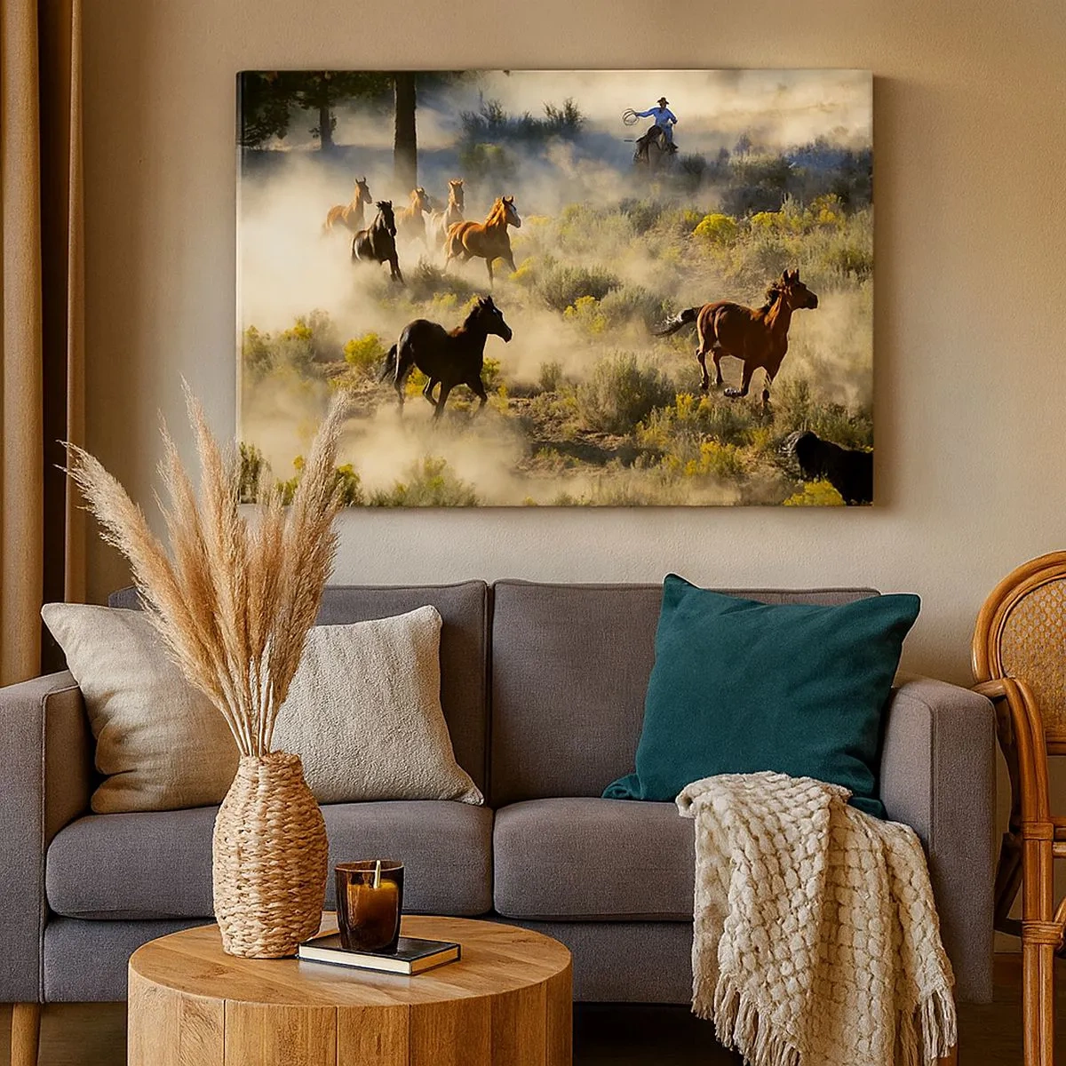 Impression sur toile - Image sur toile - Un troupeau de chevaux sauvages galopant à travers la poussière et la végétation - 70x50cm - Rivalité - liberté ou force masculine ? - Décoration murale moderne pour le salon et la chambre ARTTOR