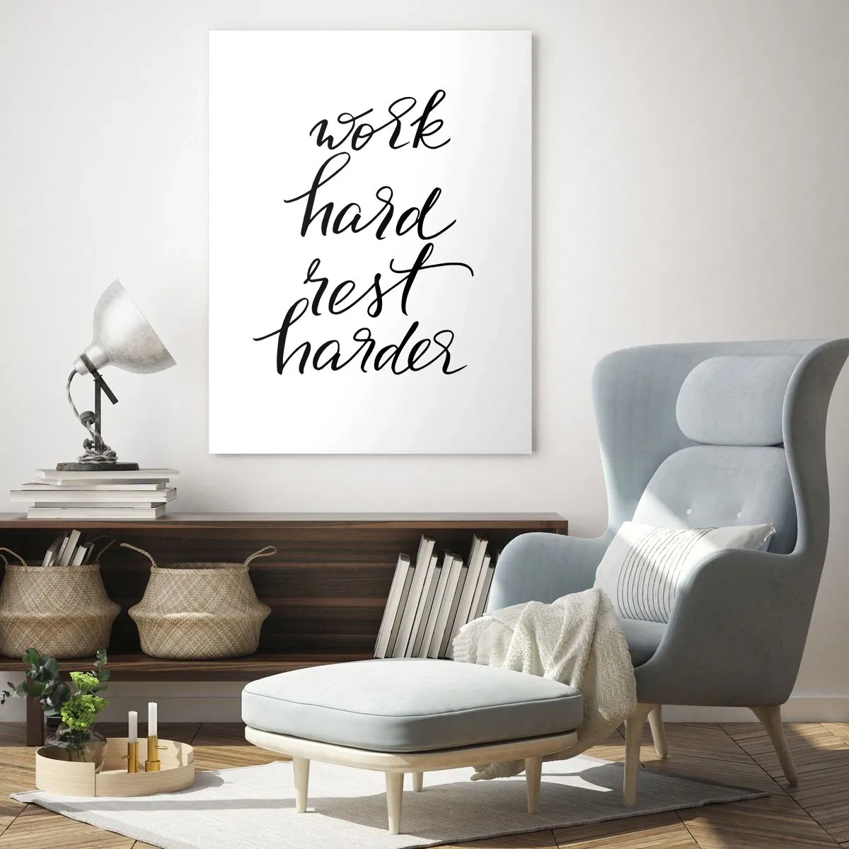 Impression sur verre - Image sur verre - Citation « Travaillez dur, reposez-vous plus dur » sur fond blanc - 80x120cm - Équilibre de vie - Décoration murale moderne pour le salon et la chambre ARTTOR