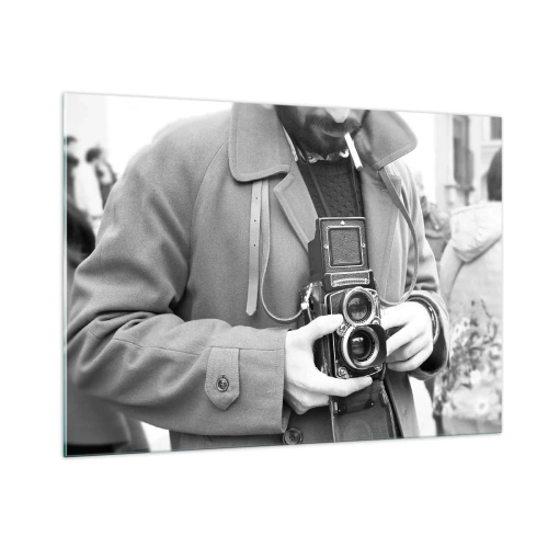 Impression sur verre - Image sur verre - Photo en noir et blanc d'un homme avec un appareil photo analogique - 100x70cm - Dans un style rétro - Décoration murale moderne pour le salon et la chambre ARTTOR