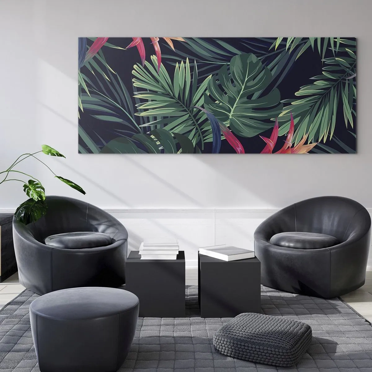 Impression sur verre - Image sur verre - Feuilles et fleurs tropicales sur fond sombre - 120x50cm - immergé dans la nature - Décoration murale moderne pour le salon et la chambre ARTTOR