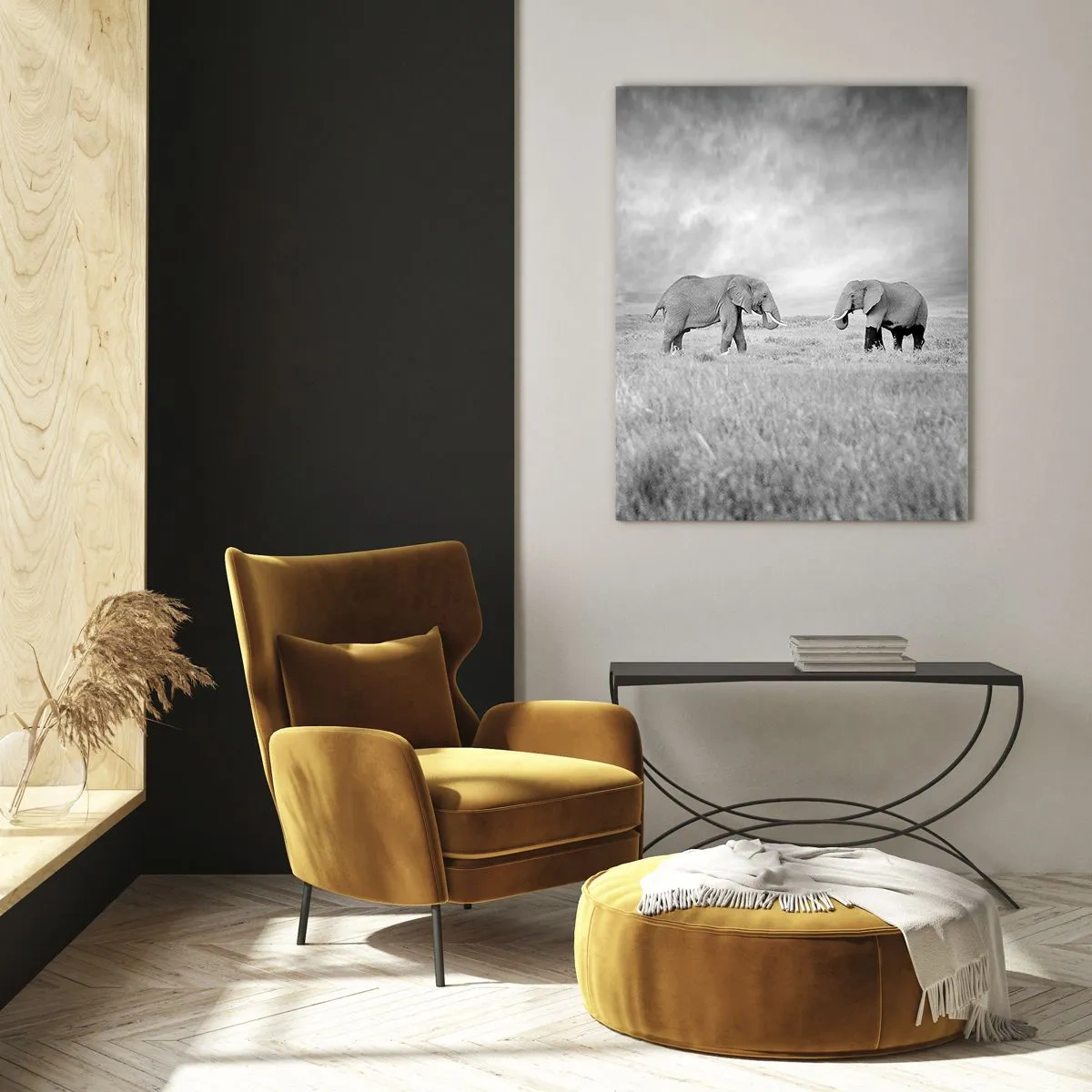 Impression sur verre - Image sur verre - Deux éléphants dans la savane dans des tons de noir et blanc - 50x70cm - Le gris est beau - Décoration murale moderne pour le salon et la chambre ARTTOR