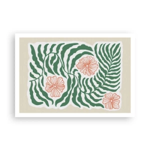 Affiche - Poster - Un motif minimaliste de feuilles vertes avec des fleurs dans des tons orange. - 100x70cm - Fleurit en vert - Décoration murale moderne pour le salon et la chambre ARTTOR