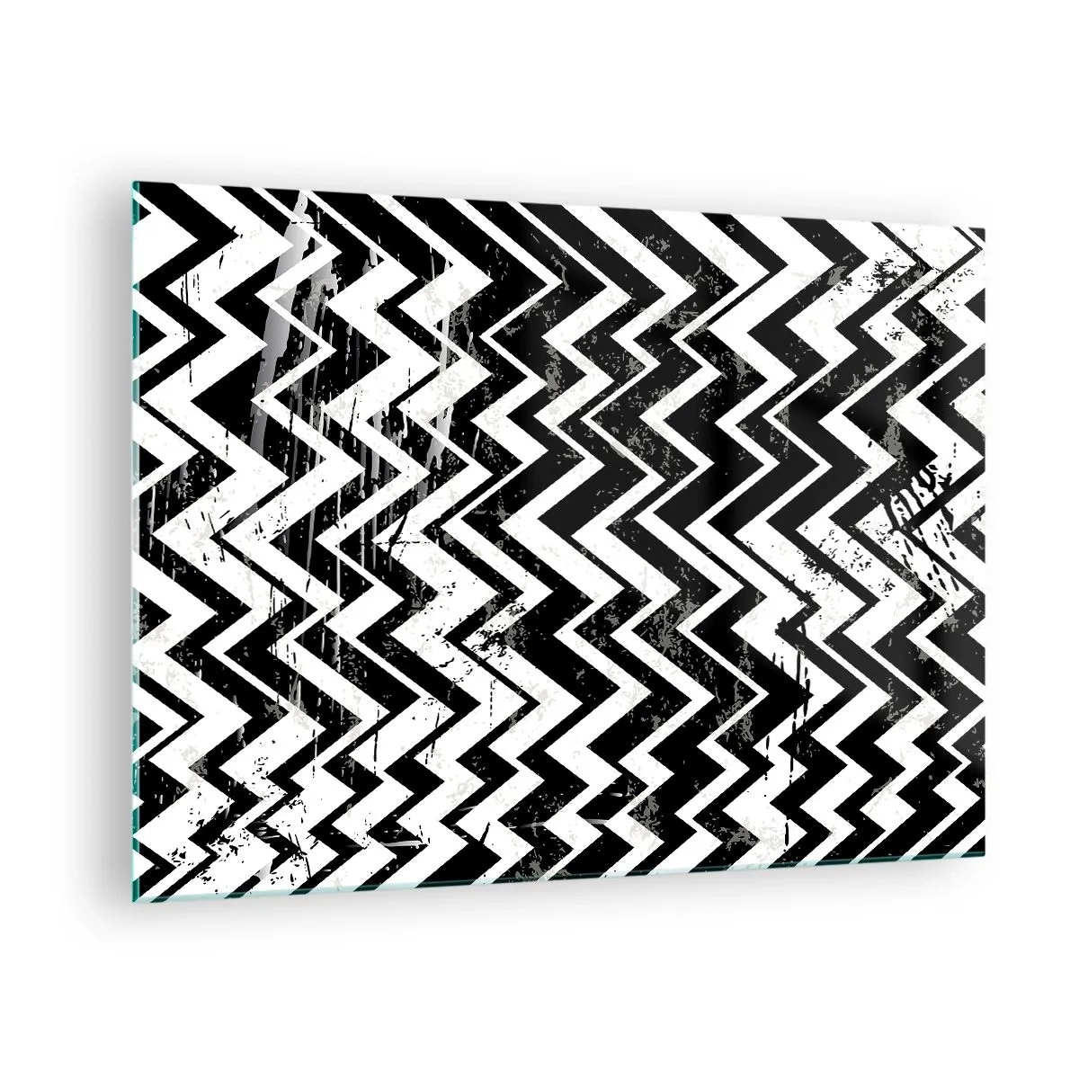 Impression sur verre - Image sur verre - Un motif en zigzag noir et blanc avec une composition et une texture dynamiques. - 70x50cm - Zig-blanc, zag-noir - Décoration murale moderne pour le salon et la chambre ARTTOR