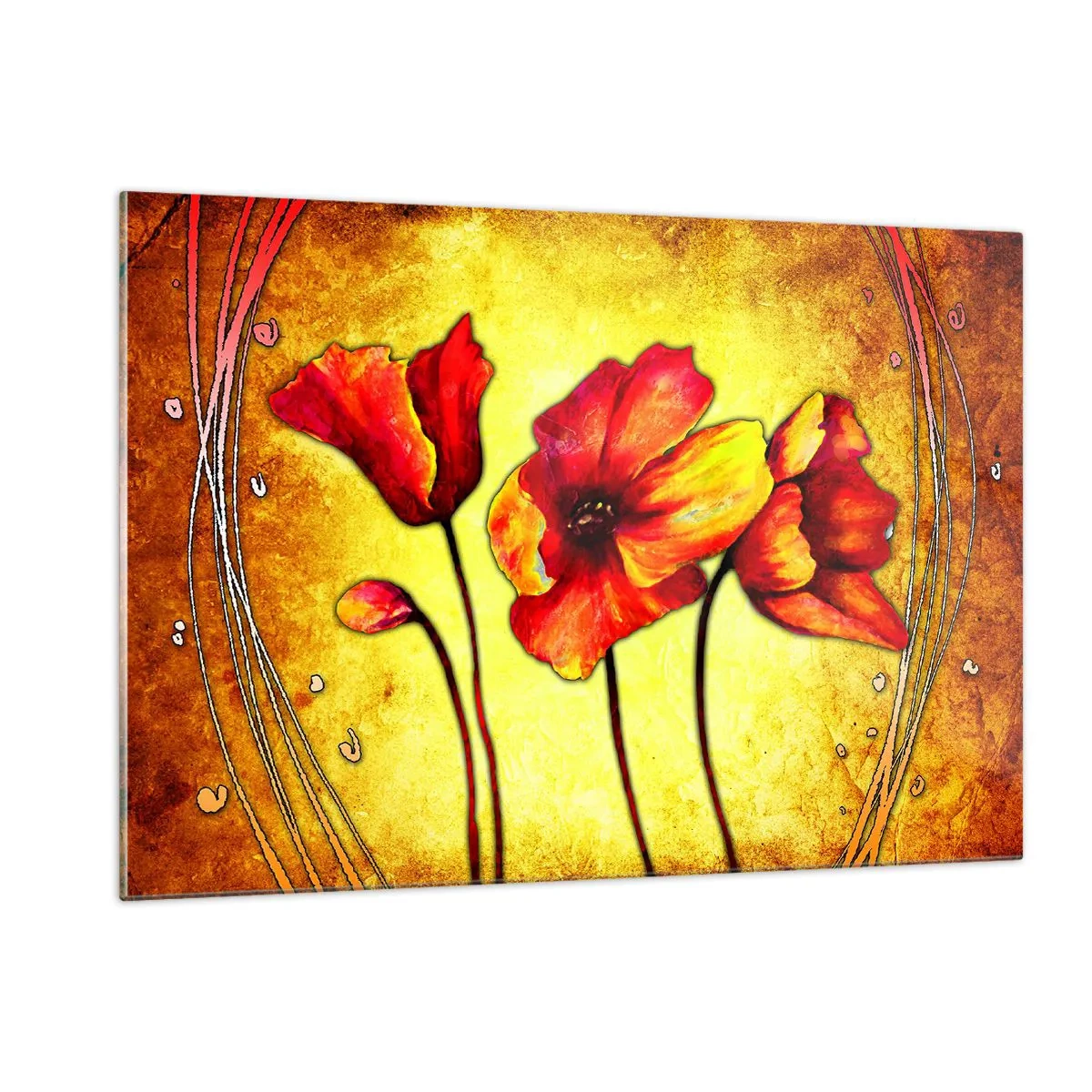 Impression sur verre - Image sur verre - Coquelicots rouges sur un fond de nuances dorées avec des détails artistiques - 120x80cm - Dans la décoration Art Nouveau - Décoration murale moderne pour le salon et la chambre ARTTOR