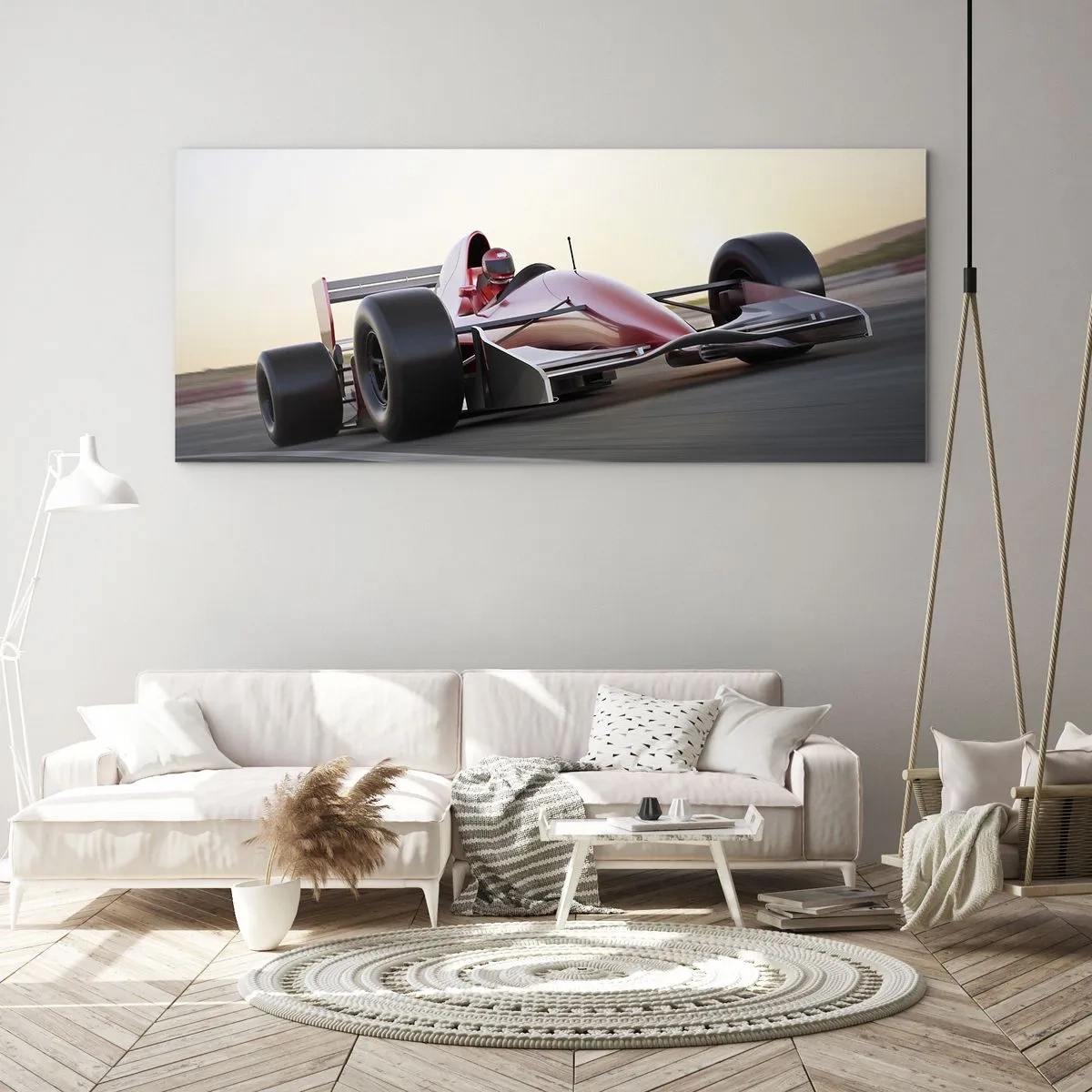Impression sur verre - Image sur verre - Une voiture de Formule 1 rouge sur une piste de course en conduisant - 160x50cm - Toujours gagnant - Décoration murale moderne pour le salon et la chambre ARTTOR