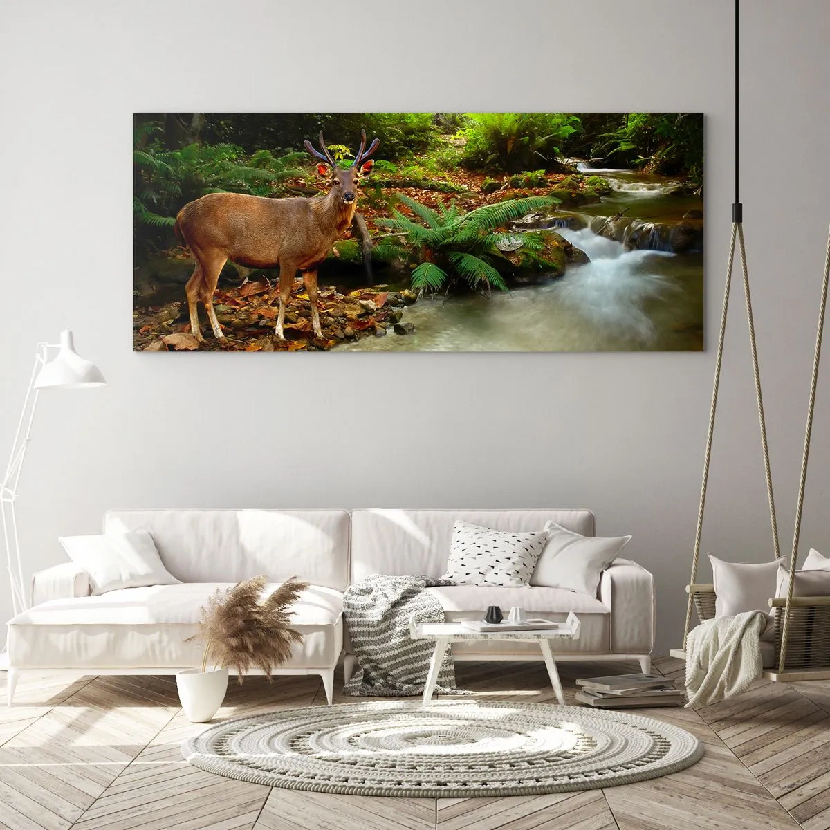 Impression sur verre - Image sur verre - Un cerf près d'un ruisseau entouré de verdure dans la forêt - 160x50cm - Bienvenue dans mon monde - Décoration murale moderne pour le salon et la chambre ARTTOR