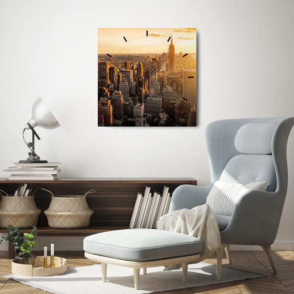 Horloge murale - Pendule murale - Skyline de New York au coucher du soleil avec vue sur l'Empire State Building - 30x30cm - Grandir au soleil - Décoration murale moderne pour le salon et la chambre ARTTOR