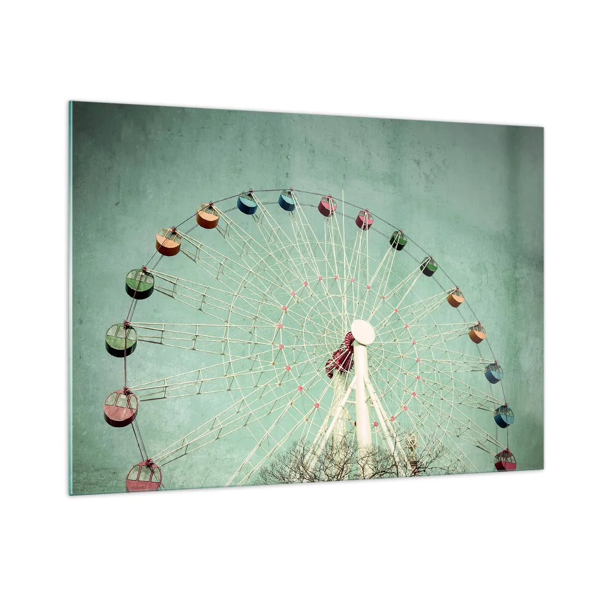Impression sur verre - Image sur verre - Une grande roue colorée sur un fond vert pastel - 100x70cm - Nous vous invitons à vous amuser - Décoration murale moderne pour le salon et la chambre ARTTOR