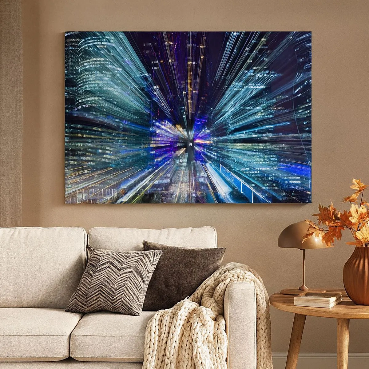 Impression sur toile - Image sur toile - Vue dynamique de la ville la nuit avec un effet de lumière - 70x50cm - Transition vers l'hyperespace - Décoration murale moderne pour le salon et la chambre ARTTOR