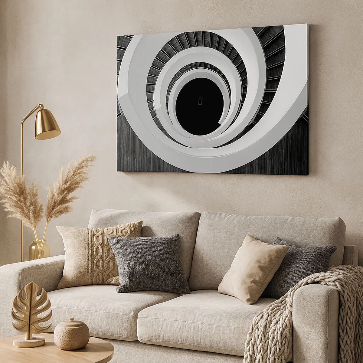 Impression sur toile - Image sur toile - Escalier en colimaçon noir et blanc de style moderne - 70x50cm - Les choses concrêtes - Décoration murale moderne pour le salon et la chambre ARTTOR
